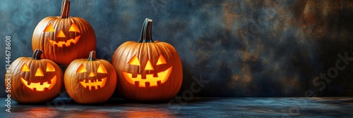 Spooky Halloween Pumpkins Glowing in the Night With Fallen Leaves Around