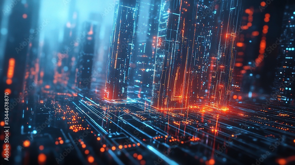 Fototapeta premium Futuristic Digital City with Glowing Tech Lines in Abstract Style