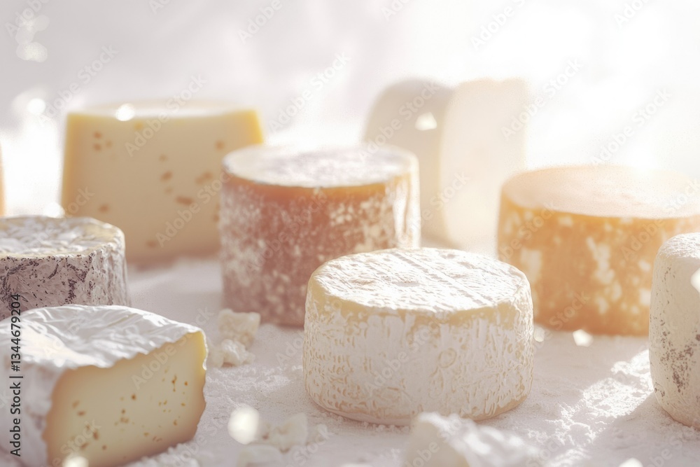 Assortment of gourmet cheeses displayed on a surface dusted with flour. Assortment of gourmet cheeses displayed on a surface dusted with flour.