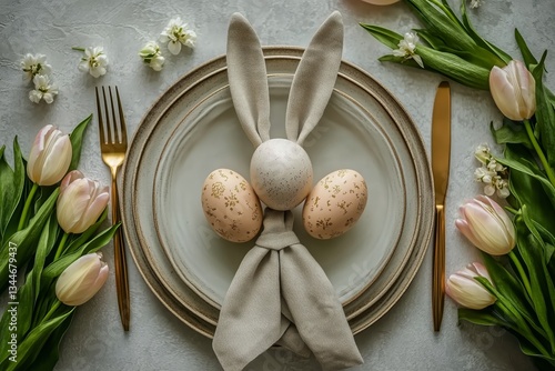 Elegant Easter Table Setting With Decorative Egg and Tulips in Spring