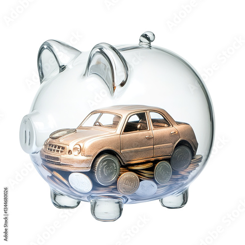 Piggy bank with model car inside. saving money to buy a car isolated on transparent png. cutout.