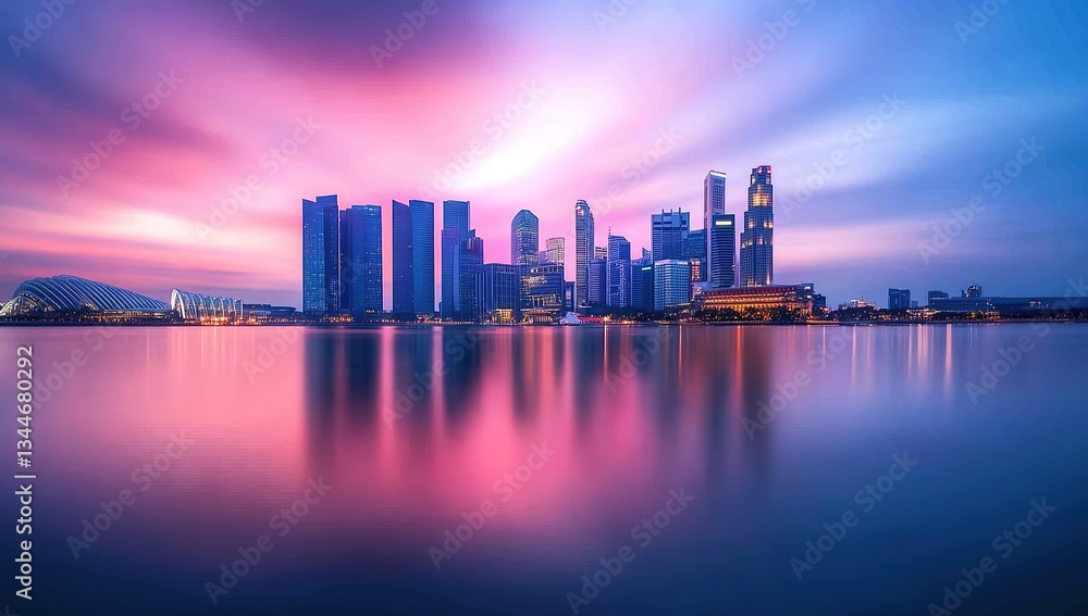 Fototapeta premium Beautiful long-exposure photography of a city skyline with motion blur, a pink and red sky, sunset light,
