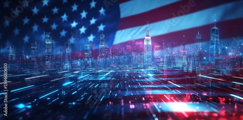 American Flag and Futuristic Illuminated City Skyscraper Display