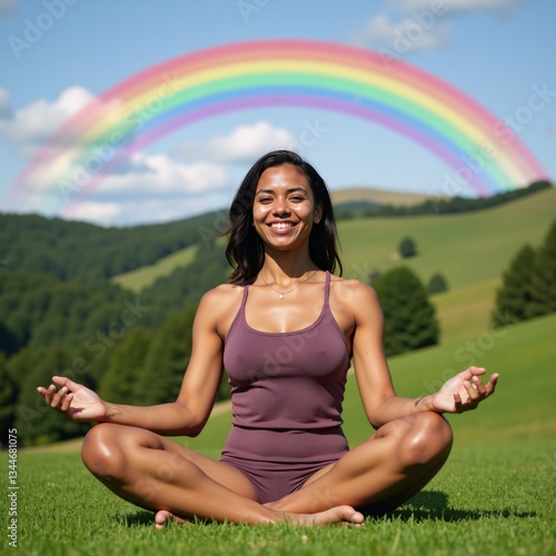 Obraz na płótnie A happy Black woman breathes fresh air amidst nature while practicing meditation under a blue sky with a rainbow showcasing inclusive Pride in her personal wellness routine w salonie