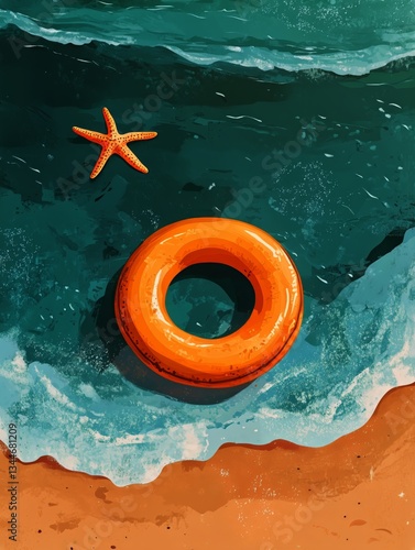 Bright Orange Float Ring on Sandy Beach With Waves and Starfish During Sunny Day