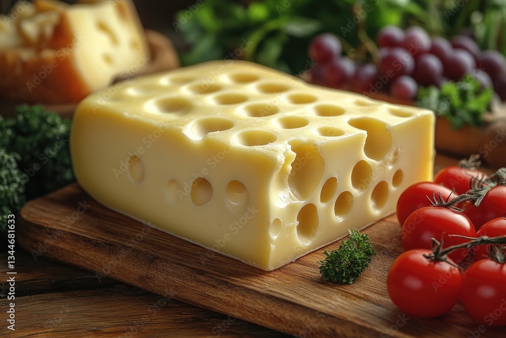 A block of cheese surrounded by tomatoes and grapes is shown A block of cheese surrounded by tomatoes and grapes is shown