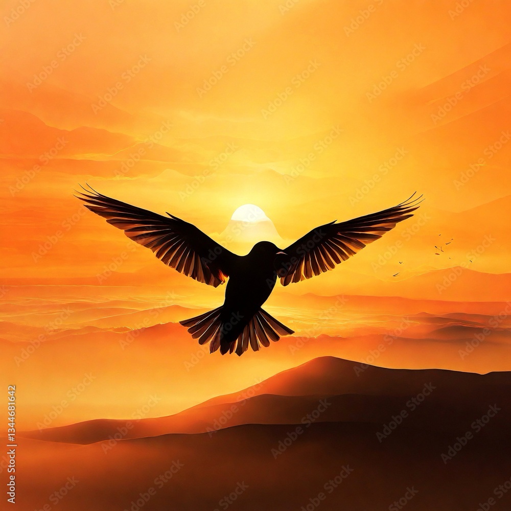Fototapeta premium Dawn Ascend: A Silhouette Bird Rising with the First Light