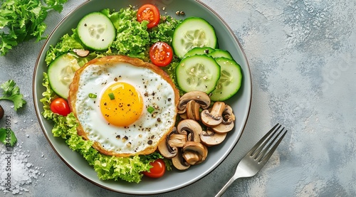 Healthy Breakfast Bowl With Fried Egg, Vegetables, and Fresh Greens on a Dark...
