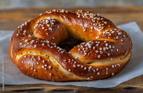 Soft Baked Pretzel With Coarse Salt on a Wooden Surface in a Warm, Inviting K...