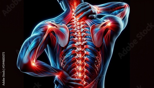 An artistic depiction of the human body's muscular and skeletal systems, highlighting areas of pain and stress.
