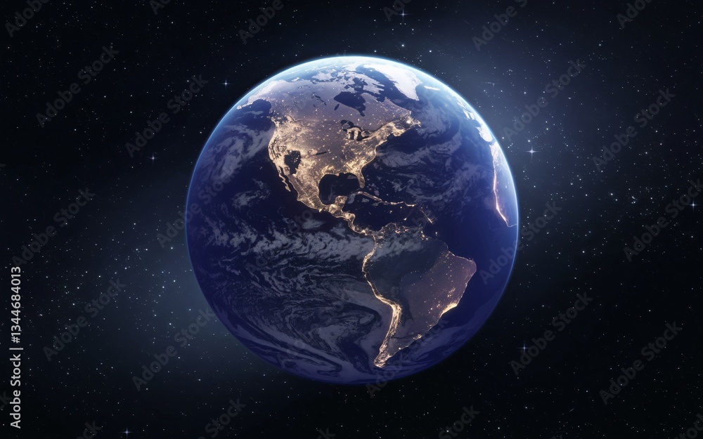 Fototapeta premium Spring Equinox Cosmic Harmony, Earth at night, viewed from space