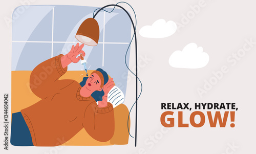 Vector illustration of a woman applying facial serum while relaxing on a couch at home.