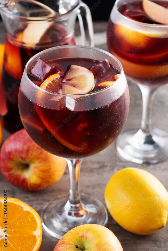 Refreshing Summer Citrus Fruit Sangria in crystal jar on wooden table Refreshing Summer Citrus Fruit Sangria in crystal jar on wooden table