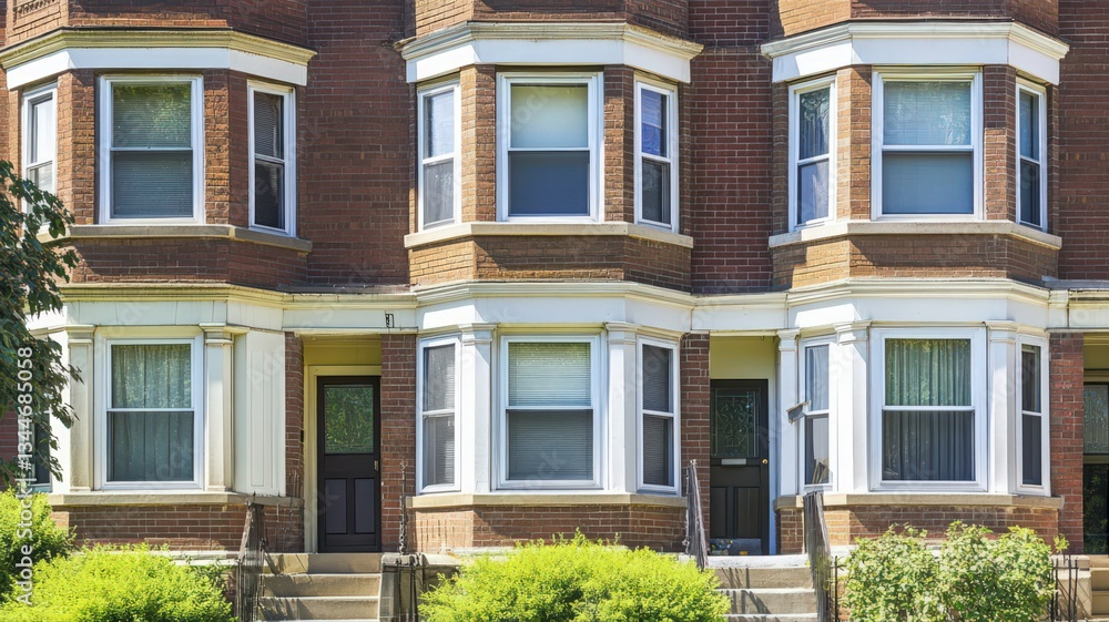 Red Brick Row Houses with Bay Windows and White Trim Red Brick Row Houses with Bay Windows and White Trim