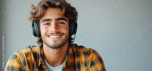 Young Man Enjoys Music While Wearing Headphones in Cozy Indoor Setting During...