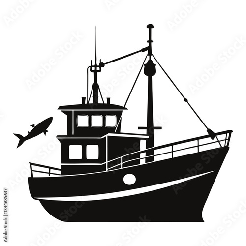 Black Fishing Boat Silhouette Vector Illustration