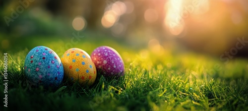 Colorful Easter Eggs Resting on Green Grass During a Sunny Spring Afternoon