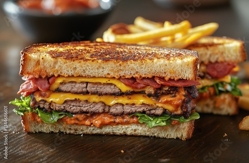 Gourmet Grilled Sandwich With Layered Meats and Cheese Served With Fries