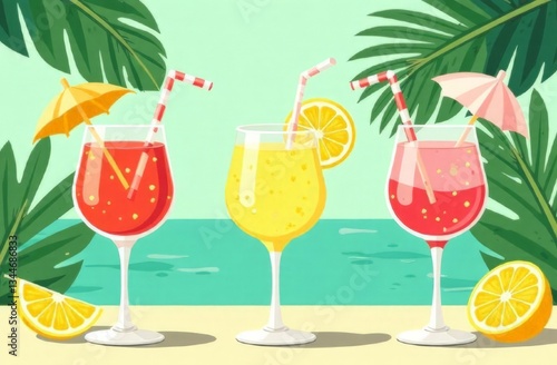 A design with elegant cocktails, complete with lemon slices, straws, and decorative umbrellas, set against a tropical background