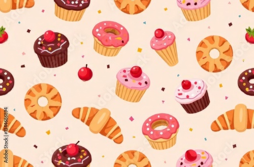 seamless pattern of pastries, including croissants, muffins, and doughnuts, on a pastel background with scattered sugar sprinkles 