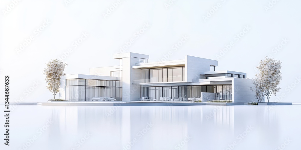 A modern white house design with large windows and trees A modern white house design with large windows and trees