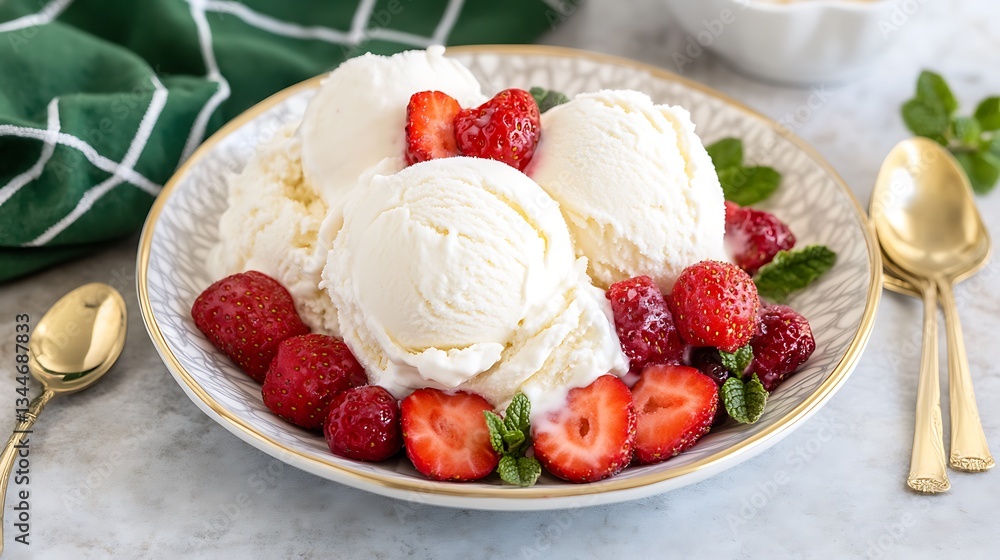 Vanilla ice cream with strawberries on a plate