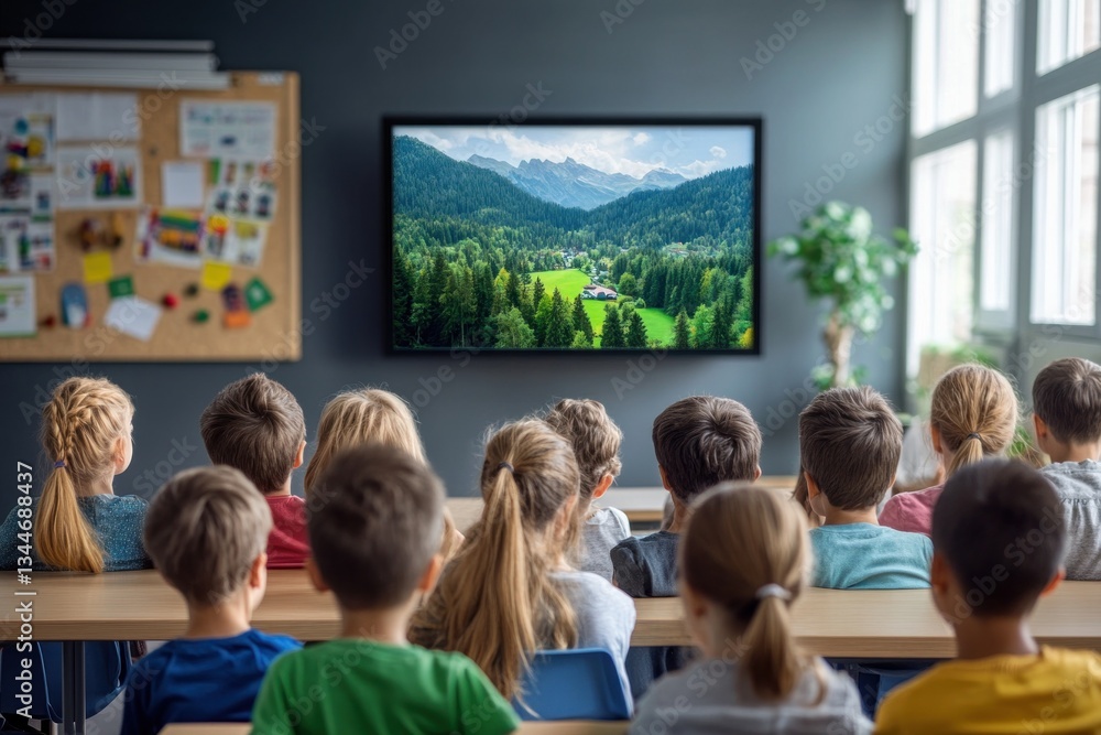Obraz premium In a vibrant classroom setting, a group of children attentively watch a nature program featuring stunning landscapes, fostering their interest in the environment