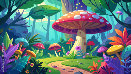 Enchanting fairytale like landscape featuring a colorful mushroom growing amidst a lush verdant forest filled with blooming flowers ferns and other vibrant plant life The serene