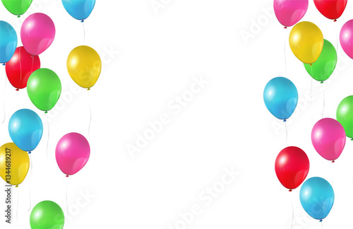 Vector realistic illustration of colorful shiny balloons flying on sides with blank space in the middle isolated on white background