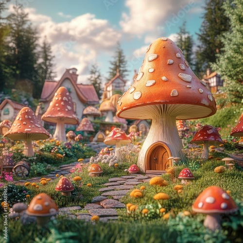 A whimsical village filled with mushroom houses on a bright day