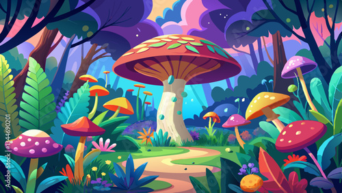 Enchanting fairytale like landscape featuring a colorful mushroom growing amidst a lush verdant forest filled with blooming flowers ferns and other vibrant plant life The serene