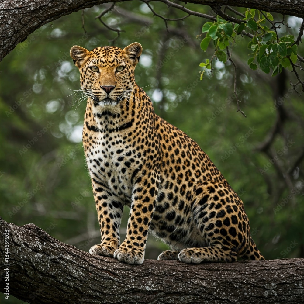 Majestic Leopard on Branch in African Forest Majestic Leopard on Branch in African Forest