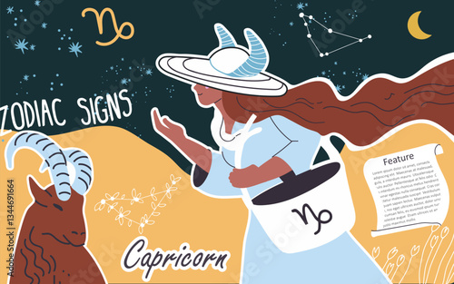 Collage, background, zodiac sign Capricorn. Hand drawn graphic vector illustration.