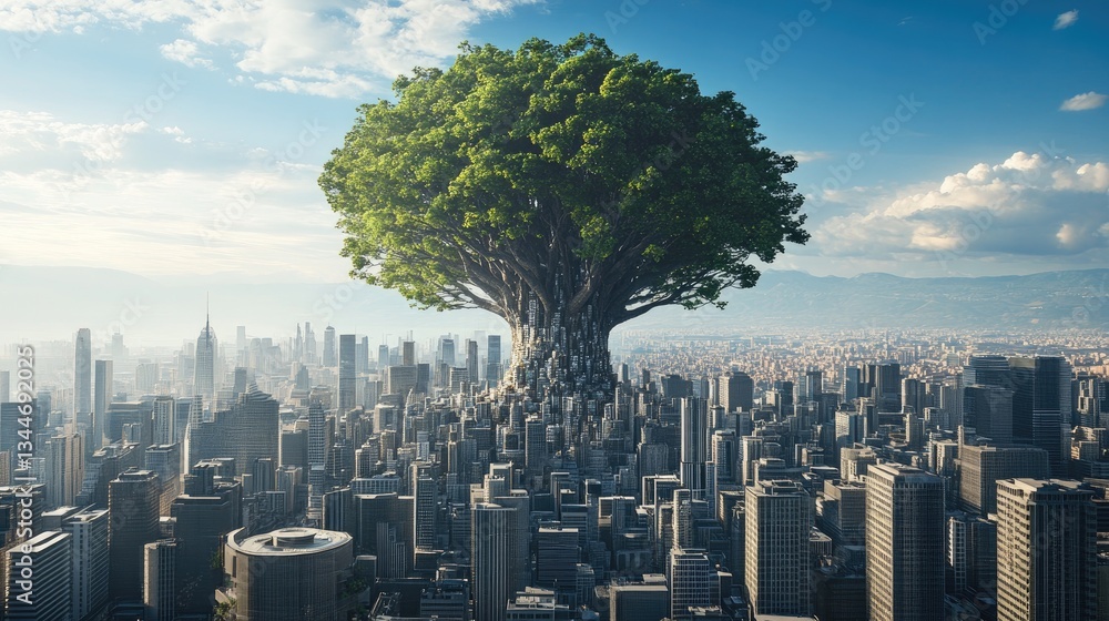 Fototapeta premium A futuristic city built into a massive tree, merging technology and nature. Open space for text.