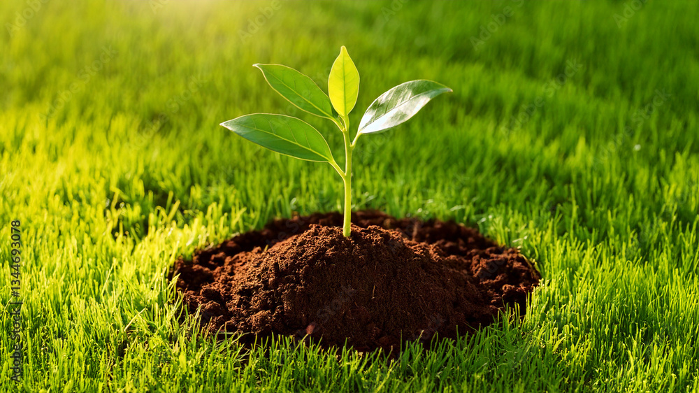 small plant growing from soil on a garden lawn