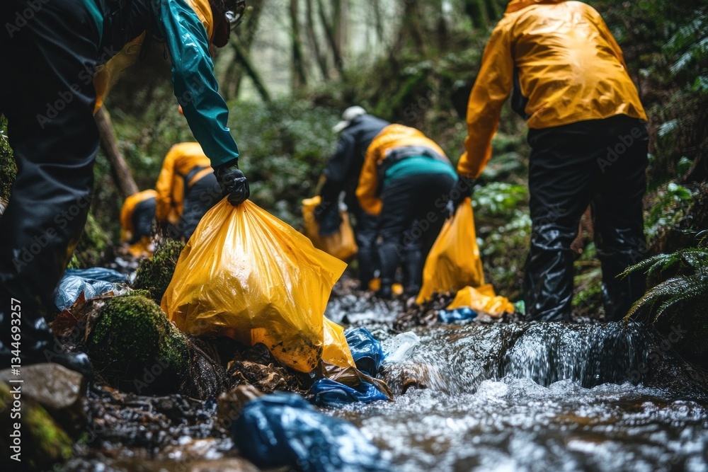 A group of individuals in waterproof gear collaborates to collect garbage from a polluted stream, showcasing dedication to environmental cleanup amidst wet conditions A group of individuals in waterproof gear collaborates to collect garbage from a polluted stream, showcasing dedication to environmental cleanup amidst wet conditions