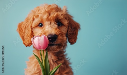 Cute Puppy Holds Pink Tulip Against Blue Background in Playful Moment