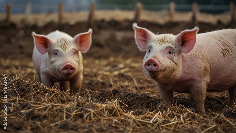 Two Curious Pigs Exploring a Muddy Farmyard with Straw and Soil Two Curious Pigs Exploring a Muddy Farmyard with Straw and Soil