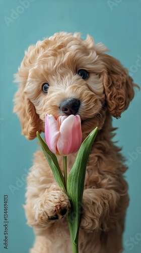 Cute Puppy Holding a Pink Tulip Against a Blue Background in a Bright, Cheerf...