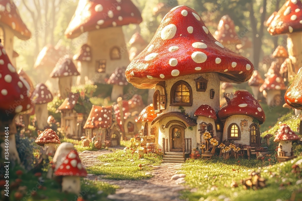 Naklejka premium A whimsical village featuring homes resembling large red mushrooms