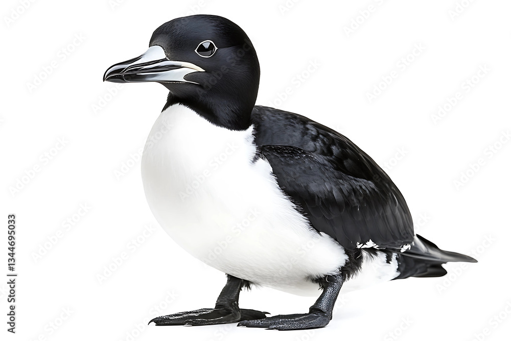 Obraz premium Razorbill seabird standing tall with black and white plumage on a plain isolated white background