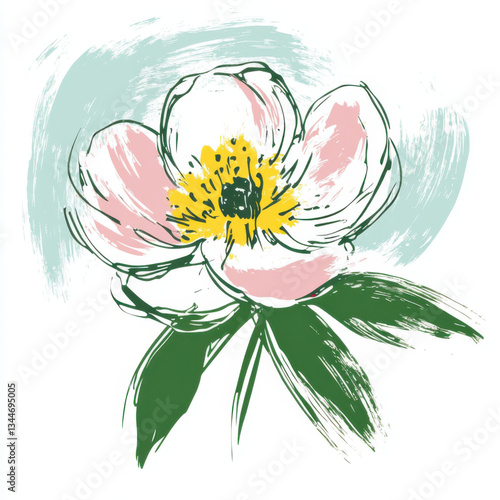 Single drawing of a peony flower with yellow, pink and mint accent. Minimalist style, elegant and clean composition, subtle details, modern art.