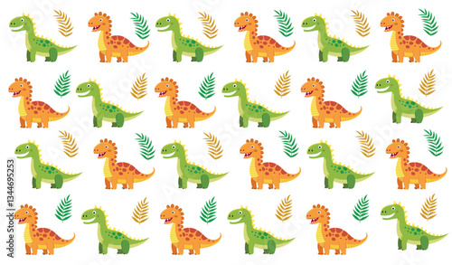 A seamless pattern with friendly dinosaurs (T-Rex, Triceratops, Stegosaurus) playing on swings and slides, in soft pastel colors, perfect for toddler clothing.