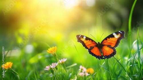 Bright Butterfly Among Colorful Flowers in Summer Scene