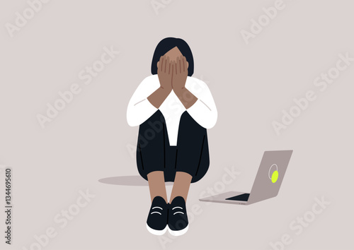 A burnout character shows signs of exhaustion, sitting on the floor with hands covering their face, laptop beside them, reflecting the struggle of managing stress in a serene setting