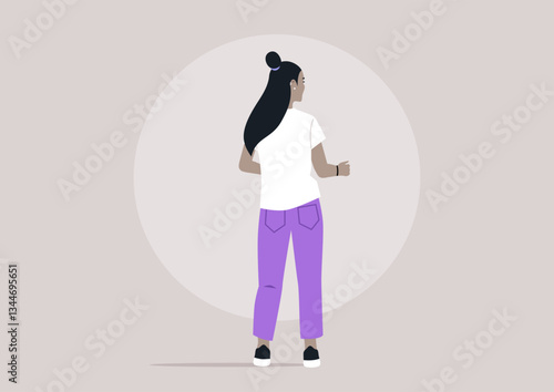 A woman is captured in a moment of joyful contemporary dancing, her back facing forward as she moves in harmony, The atmosphere radiates energy in a playful setting