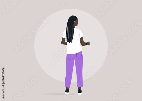 A woman is captured in a moment of joyful contemporary dancing, her back facing forward as she moves in harmony, The atmosphere radiates energy in a playful setting