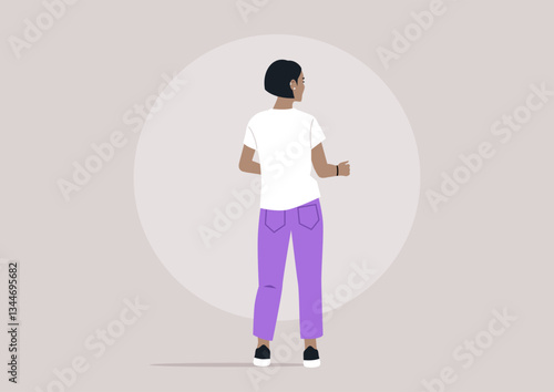 A woman is captured in a moment of joyful contemporary dancing, her back facing forward as she moves in harmony, The atmosphere radiates energy in a playful setting