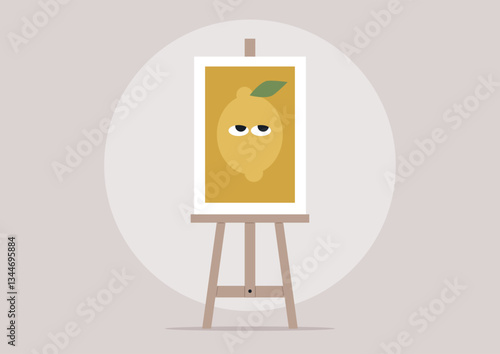 A colorful easel displays unique dopamine design art highlighting a stylized yellow lemon, The setting is calm and creatively inspiring, perfect for artistic expression