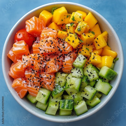 Colorful Bowl of Fresh Ingredients With Salmon, Mango, Cucumber, and Cherry T...